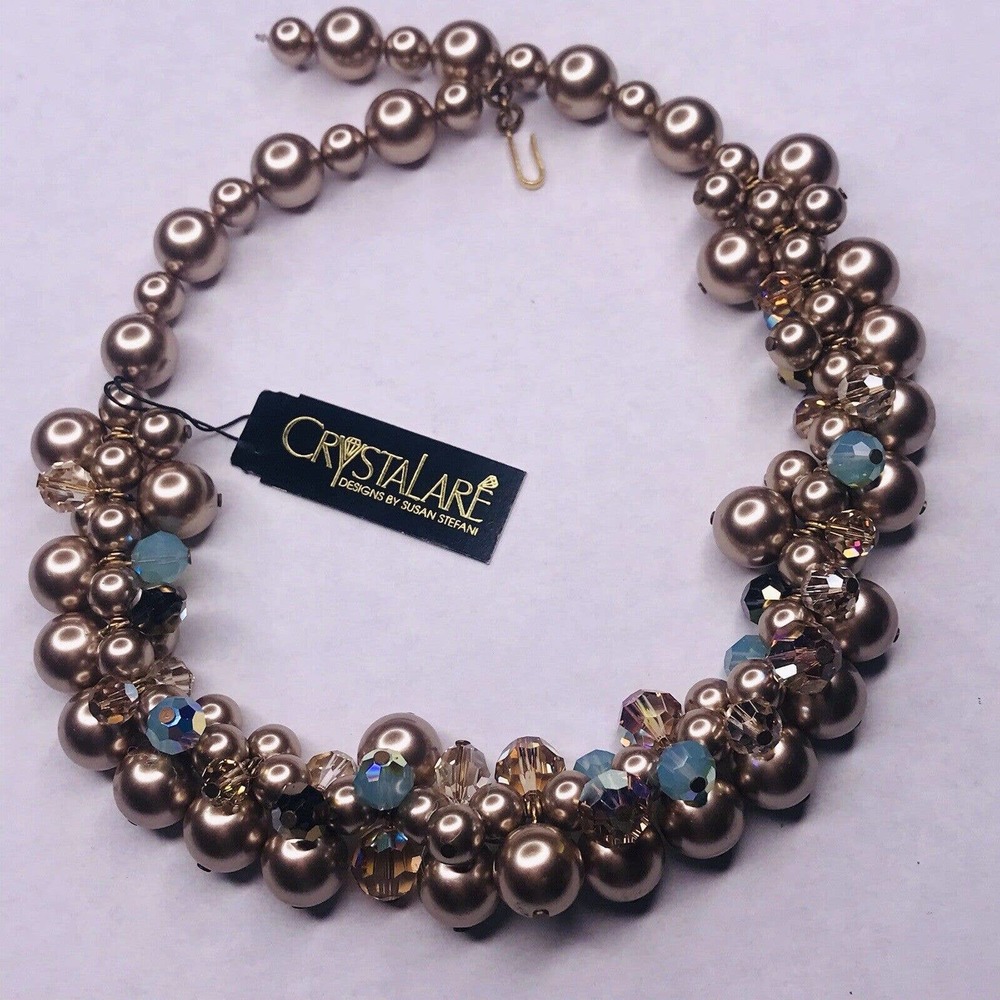 Crystalare Susan Stefani Necklace Beaded Blue Bronze‎ Faceted Choker TAGS